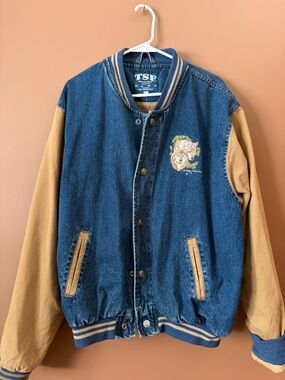 Vintage Wolf Embroidered Denim Varsity Jacket L Tan Sleeve Wildlife Graphic